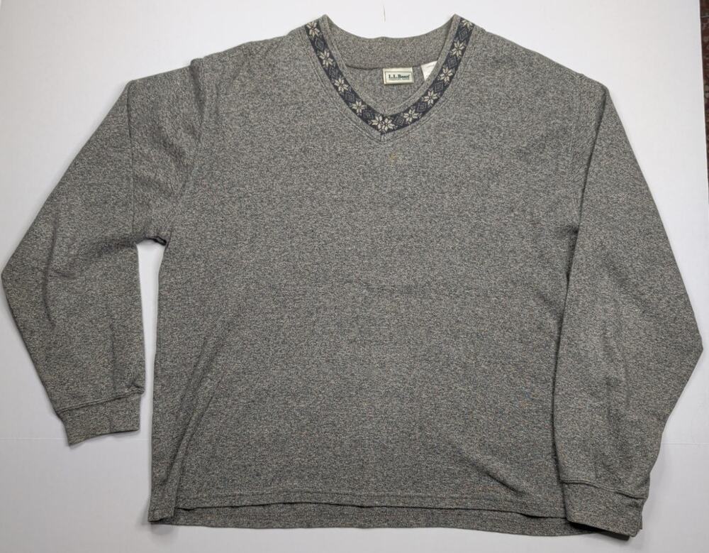 VTG L.L. Bean V-Neck Sweater Heather Gray Black White Snowflake Nordic Trim Sz L